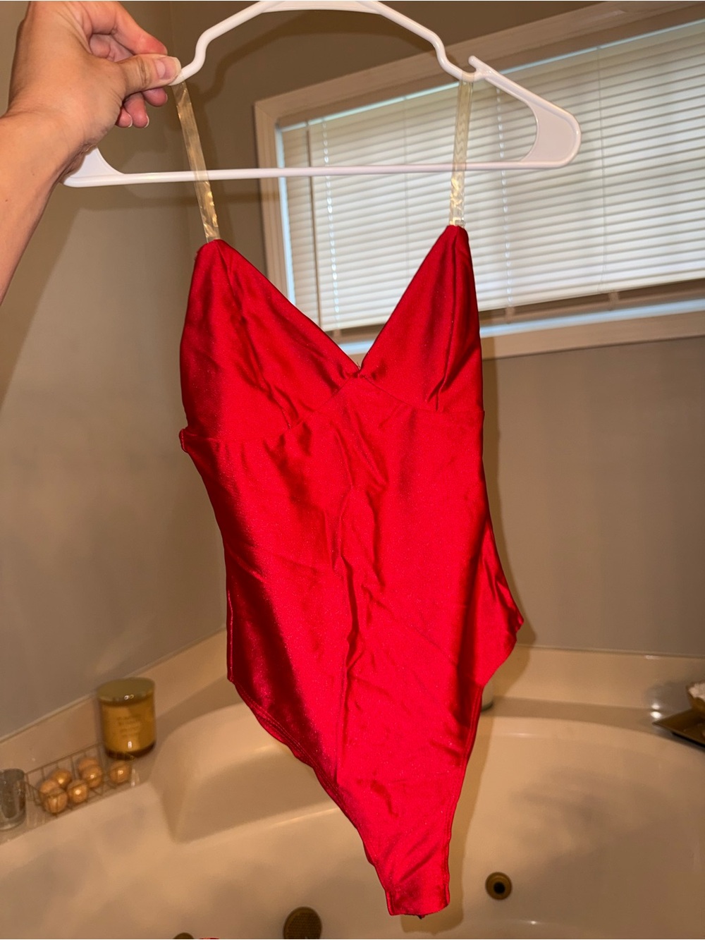 Red Satin Women's Bodysuit with Gold Straps